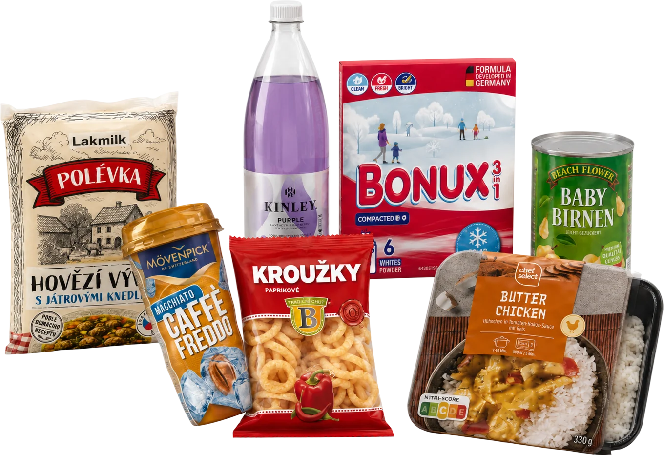 Výběr ze sortimentu Alltrade Foods — potraviny, nápoje a drogerie